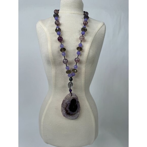 Dyed Agate Pendant Necklace With Beads & Large Purple Stone 13" Long Unique Boho - Picture 11 of 15